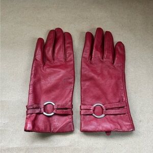 Fownes Lined Red Leather Gloves with Silver Buckle Adornment. Size M